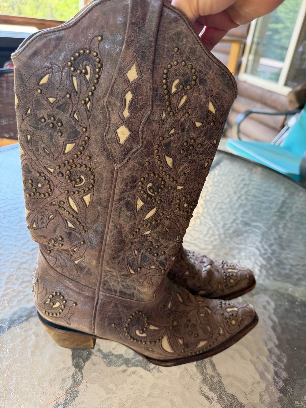 Corral Jessica A1098 Distressed Brown Bone Inlay Boots Sz 8.5M